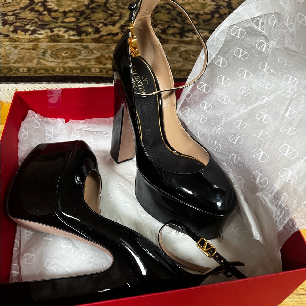 Valentino Black Patent Leather Platform Pumps with Gold Accent Ankle Strap